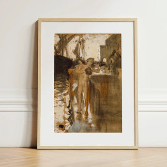 The Balcony Spain and Two Nude Bathers Standing on a Wharf - John Singer Sargent Art Print / Canvas Framed Light Wood Frame White