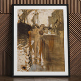 The Balcony Spain and Two Nude Bathers Standing on a Wharf - John Singer Sargent Art Print / Canvas Framed Sleek Black Frame White Mat,
