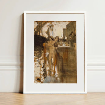 The Balcony Spain and Two Nude Bathers Standing on a Wharf - John Singer Sargent Art Print / Canvas White-framed Sepia-toned Impressionist
