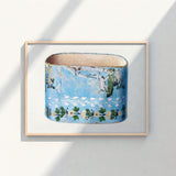 Vintage-style Blue Ceramic Planter Distressed Finish Adorned Delicate Charles Caseau Decorative, Captivating Bandbox Print, Bygone Era