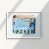 Vintage-style Blue Ceramic Wastebasket Delicate Floral Bird Motifs Charles Caseau Decorative, Captivating Bandbox Print, Bygone Era
