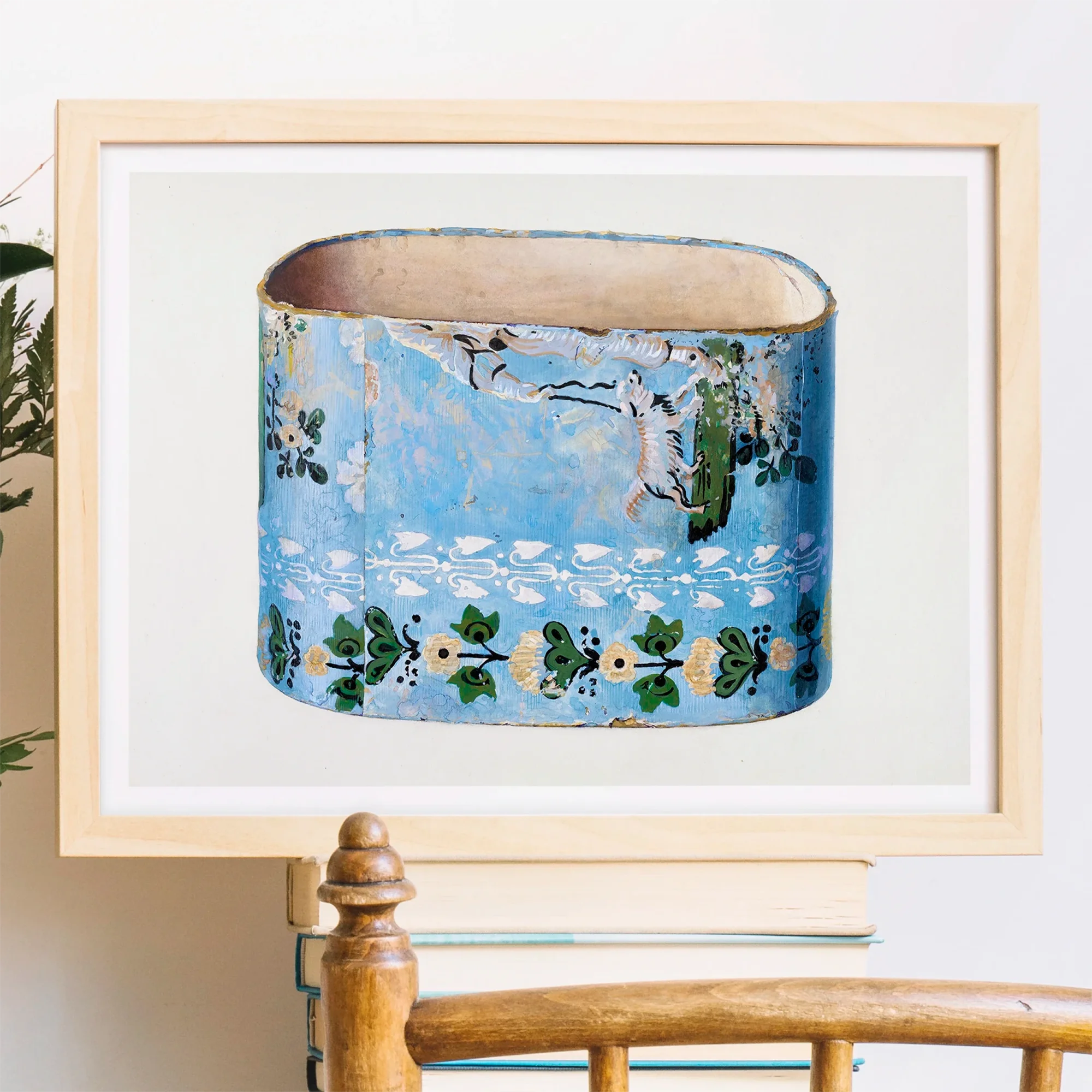 Bandbox - Charles Caseau Decorative Art Print, Two Tan Leather Chairs Wooden Frames Positioned