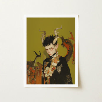 Baphomet’s Bastard - Gay Demon Art Print / Canvas Framed Stylized Dark-haired Figure Antler-like Horns Child, Twisted Offspring, Shadowy