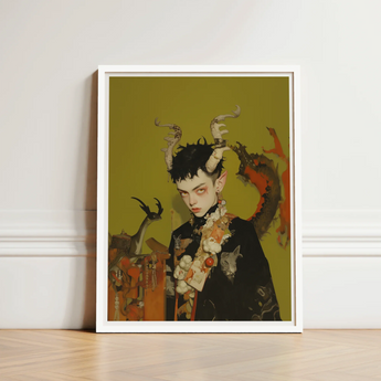 White-framed Art Print Stylized Figure Antlers Ornate Attire Gay Demon Child, Twisted Offspring, Shadowy Folds