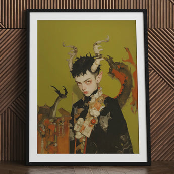 Baphomet’s Bastard - Gay Demon Art Print / Canvas Black Framed Poster Green Background Intricate Design Horns Child, Twisted Offspring,