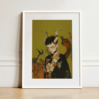 Baphomet’s Bastard - Gay Demon Art Print / Canvas Framed Stylized Portrait Individual Dark Hair Child, Twisted Offspring, Shadowy Folds