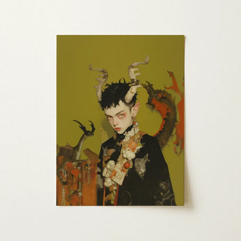 Baphomet’s Bastard - Gay Demon Art Print / Canvas Surreal Digital Stylized Figure Antler-like Horns Child, Twisted Offspring, Shadowy Folds