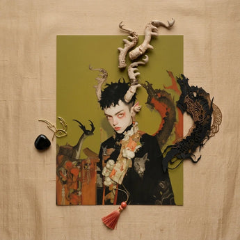 Baphomet’s Bastard - Gay Demon Art Print / Canvas Surreal Mixed-media Artwork Stylized Portrait Intricate Sculpted Antler-like Child,