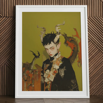 Baphomet’s Bastard - Gay Demon Art Print / Canvas White Framed Poster Dark Figure Green Background Child, Twisted Offspring, Shadowy Folds