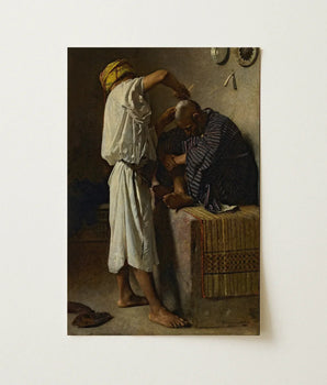 Framed Oil Painting Barber White Robes Yellow Headscarf Bare Feet Drawn, Hands Clasped Low, Academically Trained Painter, Absorbed, North