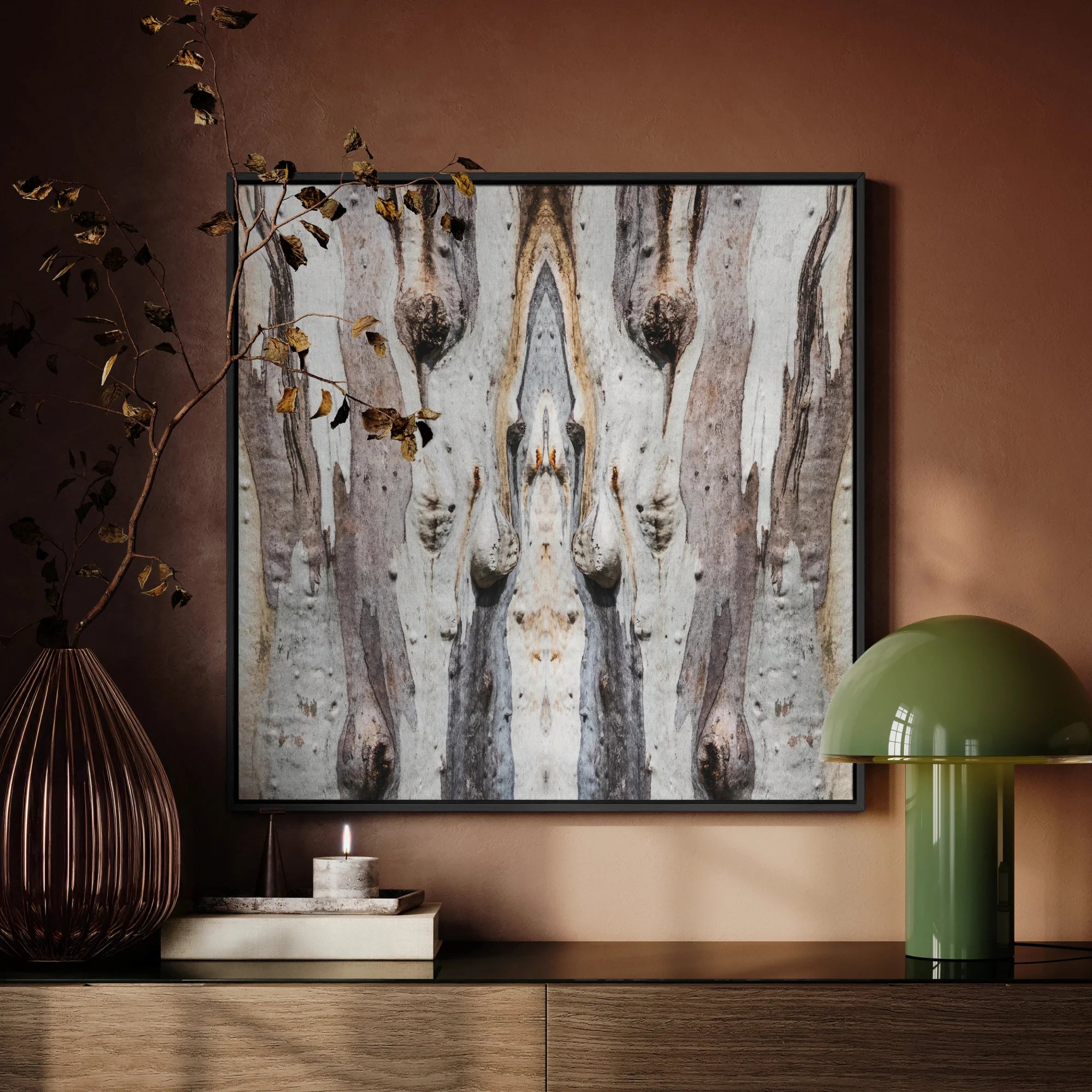 Barking Mad 3 - Tree Trunk Op Art Framed Canvas, Abstract Framed Artwork Symmetrical Patterns Tree Bark Natural