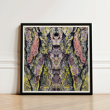 Framed Abstract Artwork Symmetrical Mirrored Composition Tree Bark Barking Mad Transports, Nature’s Textures Dance, Kaleidoscopic Realm