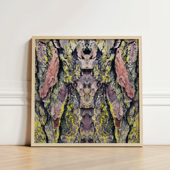 Square-framed Art Print Symmetrical Abstract Design Tree Bark Barking Mad Transports, Nature’s Textures Dance, Kaleidoscopic Realm