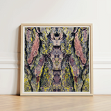Square-framed Artwork Symmetrical Abstract Composition Tree Bark Patches Barking Mad Transports, Nature’s Textures Dance, Kaleidoscopic