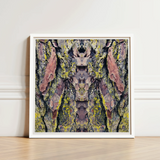Square-framed Artwork Symmetrical Abstract Composition Tree Bark Textured Barking Mad Transports, Nature’s Textures Dance, Kaleidoscopic