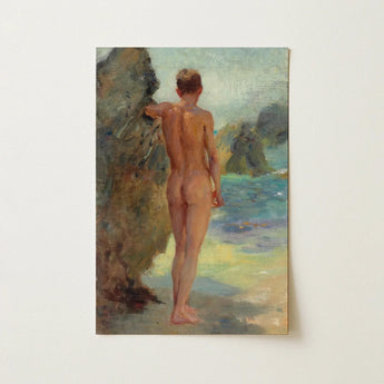 Rectangular Oil Painting Nude Male Figure Rocky Cliffs Henry Scott, Umber Rock Meets, Teal, Wash, Sun-warmed Flesh Glows, Tuke, Art, Print
