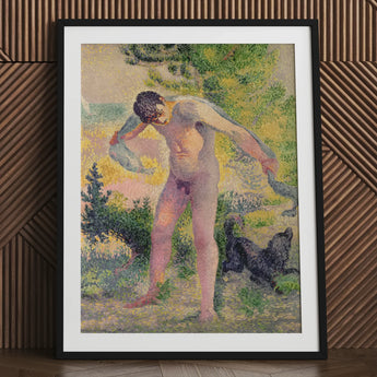 Bather Drying Himself at St Tropez - Henri Edmond Cross Art Print / Canvas Black Framed Nude Male Figure Child, Leans Forward, Fracture