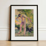 Bather Drying Himself at St Tropez - Henri Edmond Cross Art Print / Canvas Framed Nude Male Figure Impressionistic Style, Leans Forward,