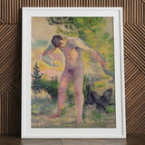 Bather Drying Himself at St Tropez - Henri Edmond Cross Art Print / Canvas White Framed Pointillist Painting Nude Man Child, Leans Forward,