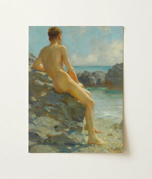 Classical Oil Painting Nude Male Figure Seated Rugged Henry Scott Tuke, Cornish Shoreline, Fine Art Print