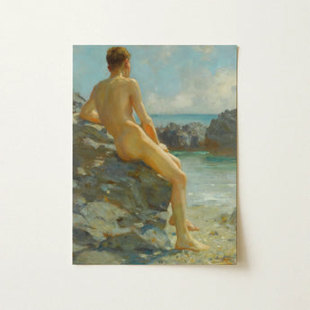 The Bather - Henry Scott Tuke Fine Art Print / Canvas Classical Oil Painting Nude Male Figure Seated Rugged, Cornish Shoreline, Prints