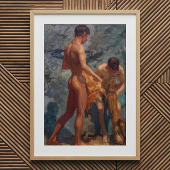 Framed Oil Painting Two Nude Male Figures Classical Henry Scott Tuke, Bathing Group, Fires, Terracotta, Lean Bodies, Art