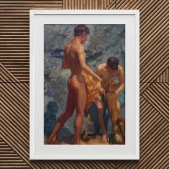 White-framed Oil Painting Two Nude Male Figures Classical Henry Scott Tuke, Bathing Group, Fires, Terracotta, Lean Bodies, Art