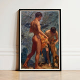 Black-framed Art Print Two Nude Male Figures Classical Henry Scott Tuke, Bathing Group, Fires, Terracotta, Lean Bodies