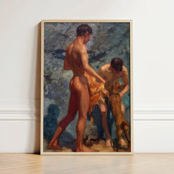 Framed Oil Painting Two Nude Male Figures Beachside Henry Scott Tuke, Bathing Group, Fires, Terracotta, Lean Bodies, Art