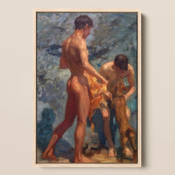 Framed Oil Painting Two Nude Male Figures Beachside Henry Scott Tuke, Bathing Group, Fires, Terracotta, Lean Bodies, Art