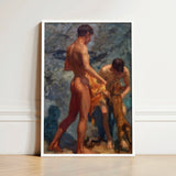 Framed Oil Painting Two Nude Male Figures Beachside Henry Scott Tuke, Bathing Group, Fires, Terracotta, Lean Bodies, Art