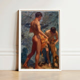 White-framed Painting Two Nude Men Classical Style Rendered Henry Scott Tuke, Bathing Group, Fires, Terracotta, Lean Bodies, Art