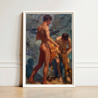 White-framed Painting Two Nude Men Classical Style Rendered Henry Scott Tuke, Bathing Group, Fires, Terracotta, Lean Bodies, Art