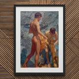 A Bathing Group (1912) - Henry Scott Tuke Art Print / Canvas Black-framed Classical Oil Painting Two Nude, Fires, Terracotta, Lean Bodies,