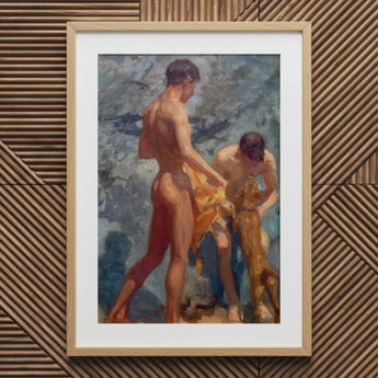 A Bathing Group (1912) - Henry Scott Tuke Art Print / Canvas Framed Oil Painting Two Nude Male Figures Beach, Fires, Terracotta, Lean