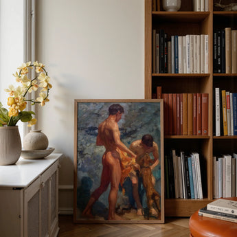 Framed Painting Two Nude Figures Dynamic Pose Rendered Henry Scott Tuke, Bathing Group, Fires, Terracotta, Lean Bodies, Art