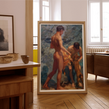 Framed Oil Painting Two Nude Male Figures Classical Henry Scott Tuke, Bathing Group, Fires, Terracotta, Lean Bodies, Art