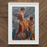 A Bathing Group (1912) - Henry Scott Tuke Art Print / Canvas White-framed Oil Painting Two Nude Male Figures Beach, Fires, Terracotta, Lean