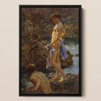 A Bathing Group (1914) - Lámina artística de Henry Scott Tuke / Lienzo, 12x18’’ / 31x46cm / Marco negro, Pósters, impresiones y arte visual, Toby Leon