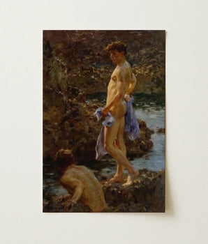 Classical Oil Painting Two Nude Figures Water Rendered Bathing Group, Cornwall’s Tidal Pools, Hold, Secrets, Tuke, Victorian Age’s