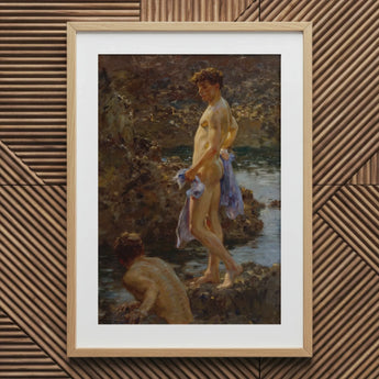 A Bathing Group (1914) - Henry Scott Tuke Art Print / Canvas Framed Classical Oil Painting Nude Male Figure Warm, Cornwall’s Tidal Pools,