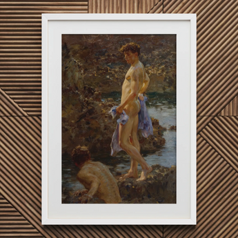 A Bathing Group (1914) - Lámina artística de Henry Scott Tuke / Lienzo, 20x30’’ / 51x76cm / Marco blanco / Paspartú, Pósters, impresiones y arte visual,