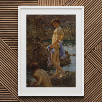 A Bathing Group (1914) - Henry Scott Tuke Art Print / Canvas White-framed Classical Oil Painting Two Nude, Cornwall’s Tidal Pools, Hold,