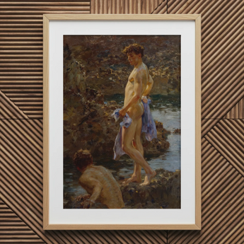 A Bathing Group (1914) - Henry Scott Tuke Art Print / Canvas Framed Classical Oil Painting Nude Male Figure Warm Bathing Group, Cornwall’s