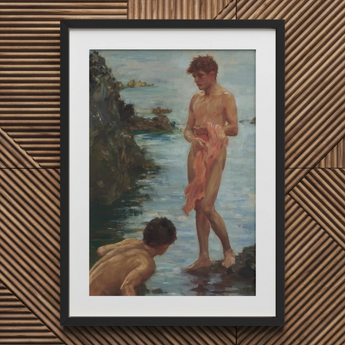 A Bathing Group - Henry Scott Tuke Kunstdruck / Leinwand, 20x30’’ / 51x76cm / Schwarzer Rahmen / Passepartout, Poster Drucke & visuelle Kunstwerke, Toby