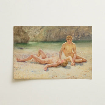 Watercolor Painting Two Nude Figures Sandy Beach Rocky Henry Scott Tuke, Noonday Heat, Bathing Group, Male Nudes, Shimmer
