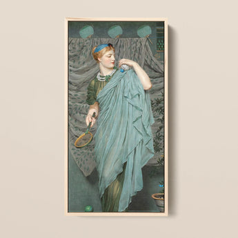 Framed Painting Woman Teal Fabric Tennis Racket Adorned Albert Joseph Moore, Moore’s Battledore, Victorian Aestheticism