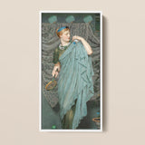 Framed Painting Woman Elegant Teal Gown Tennis Racket Albert Joseph Moore, Moore’s Battledore, Victorian Aestheticism