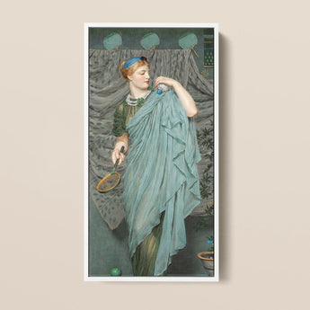 Framed Painting Woman Elegant Teal Gown Tennis Racket Albert Joseph Moore, Moore’s Battledore, Victorian Aestheticism