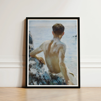 Beach Study - Henry Scott Tuke Art Print / Canvas Black-framed Nude Male Figure Seated Rocky Maritime Rapture Unspools, Soft Oil-laden